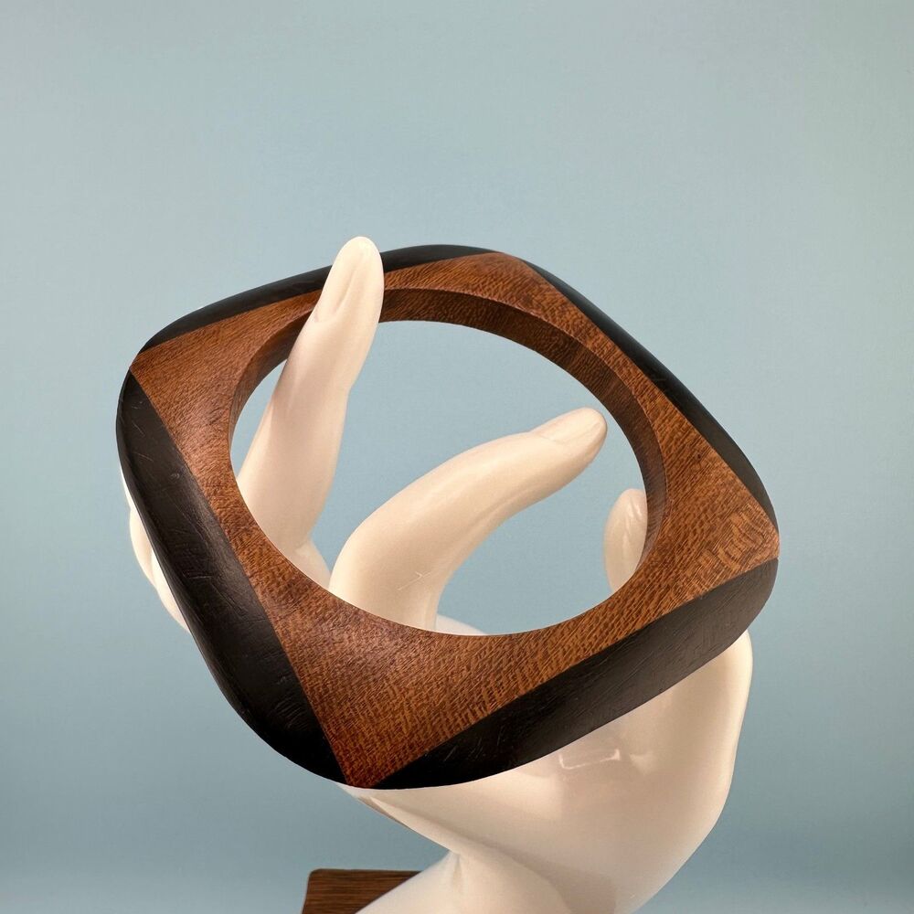 Vintage Wooden Bangle Bracelet Square Geometric Modernist Two Tone Brown Black